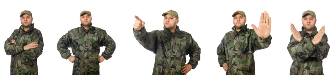Fototapeta premium Young man in soldier uniform isolated on white