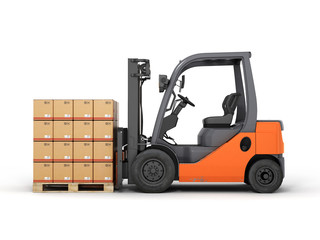 Forklift truck with boxes on pallet 3d