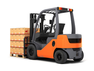 Forklift truck with boxes on pallet 3d
