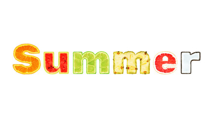 Summer Text made of various summer fruits: orange, watermelon, lime, pineapple, grapefruit, coconut. Word summer with fruit letters, isolated on white.