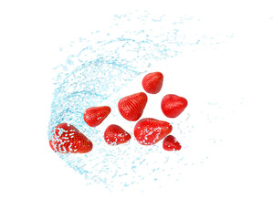 Strawberry in water splash, isolated on white background. Fresh flying strawberry, 3d illustration.