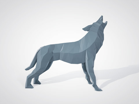 3D illustration of origami wolf howling
