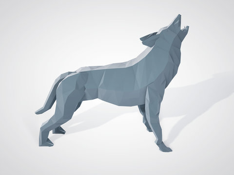 3D illustration of origami wolf howling. Polygonal wolf side view. Geometric style grey wolf. Triangle wolf.