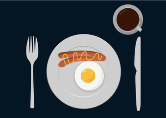 breakfast sauasge egg on white plate with knife and fork