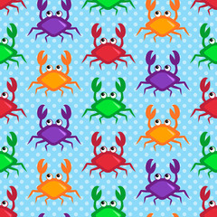 Naklejka premium Happy crabs pattern, Seamless colorful pattern with cartoon crabs, blue background with bubbles