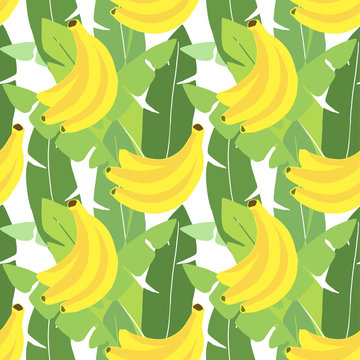 Tropical seamless pattern. Banana leaves, banana fruit. Flat design. Jungle vector illustration background