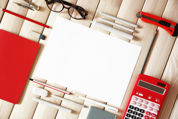 Flat lay of stationery on wooden background, copy space