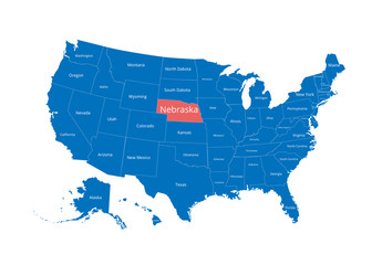 Map of the USA. Image with clipping path and name of states. State mark. Nebraska. Vector illustration.
