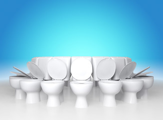 3D rendering concept white toilet seats in blue gradient backgro