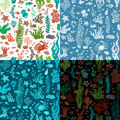 Set of seamless cartoon marine patterns.