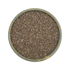 Chia seeds in a stoneware bowl on a white background