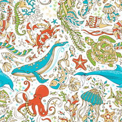 Obraz premium Vector seamless wild sea life pattern.