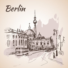 Hand drawn Berlin street with buses and Berlin TV Tower