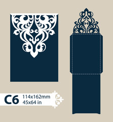 Layout congratulatory envelope with carved openwork pattern. Template is suitable for greeting cards, invitations, etc. Picture suitable for laser cutting, plotter cutting or printing. Vector