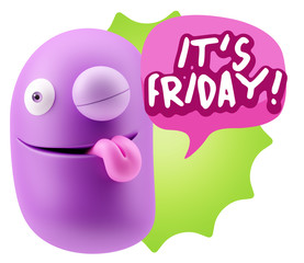 3d Rendering Smile Character Emoticon Expression saying It's Fri