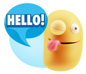 3d Rendering Smile Character Emoticon Expression saying Hello wi