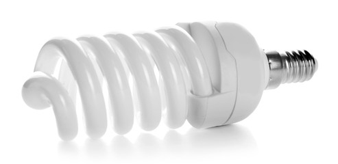 Spiral energy saving light bulb on white background