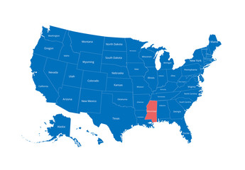 Map of the USA. Image with clipping path and name of states. State mark. Mississippi. Vector illustration.