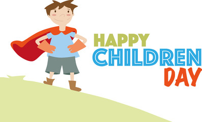 Happy international children day. Boy are playing to be superhero