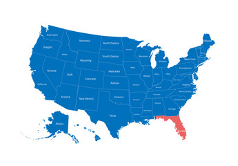 Fototapeta na wymiar Map of the USA. Image with clipping path and name of states. State mark. Florida. Vector illustration.
