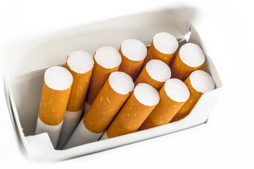 Top view of a pack of cigarettes over white background