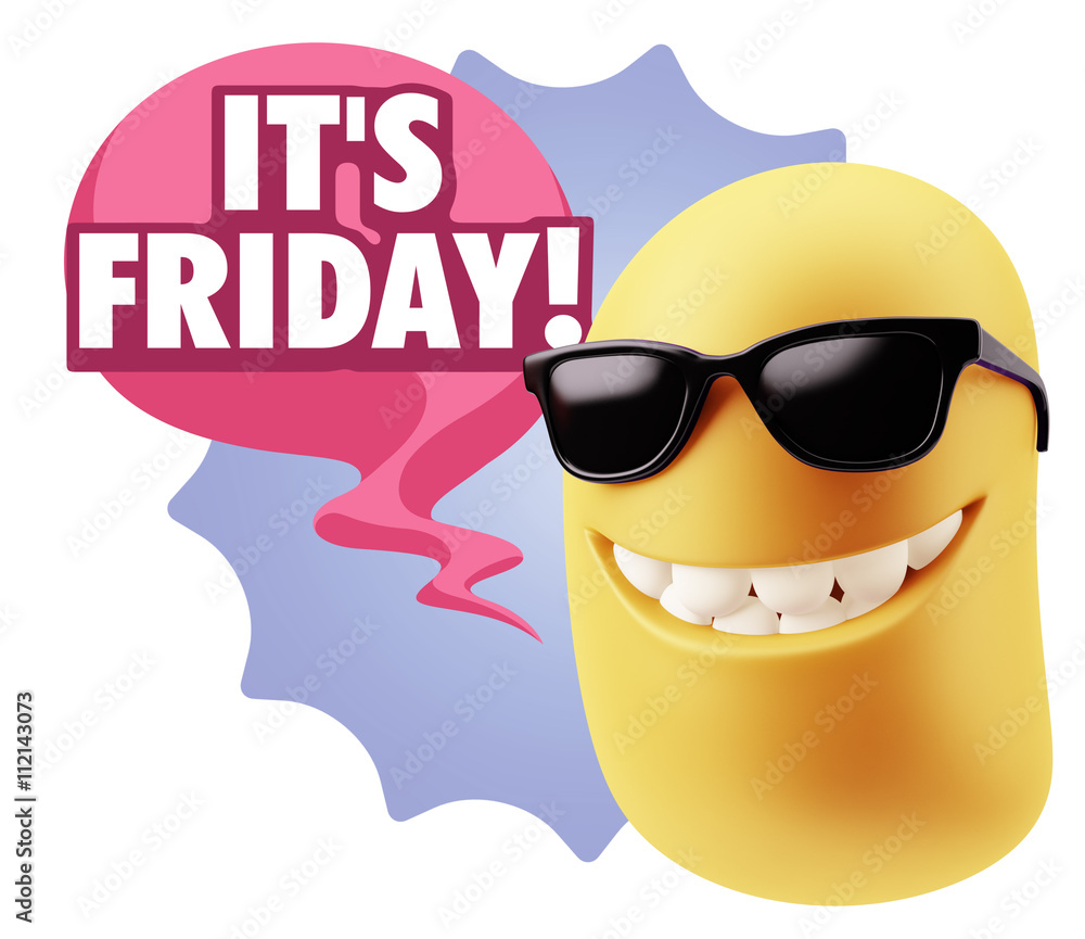 Poster 3d rendering smile character emoticon expression saying it's fri
