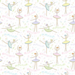 Seamless pattern with dancing ballerinas on a floral background. Vector