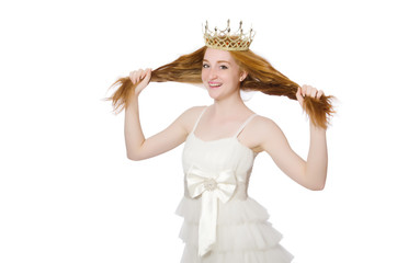 Woman with crown isolated on white