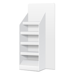 White POS POI Cardboard Floor Display Rack For Supermarket Blank Empty Displays With Shelves Products On White Background Isolated. Ready For Your Design. Product Packing. Vector EPS10