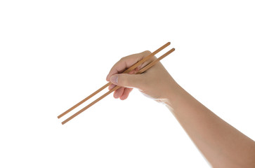 hand holding chopsticks, isolated on white