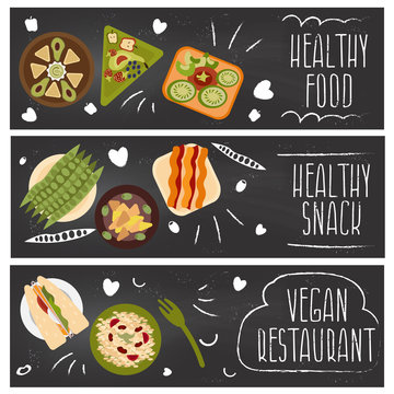 Set of banners for theme healthy food,vegetarians food .Vector i