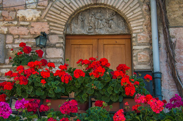 Fototapeta na wymiar Many flower pots with blooming geranium in Assisi 