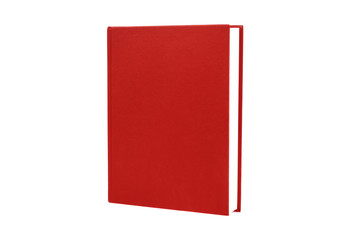 Libro cuaderno tapa roja sobre fondo blanco asilado. Vista de frente y de cerca. Copy space