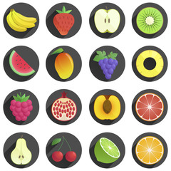 Set of fruits and berries flat with shadow icons. white background. juicy, fresh fruits. natural products. icons. modern flat design objects illustration.