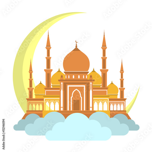 "Muslim mosque on clouds with month icon. arabic mosque 
