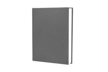 Libro  cuaderno tapa gris vista de frente sobre fondo blanco aislado. Copy space