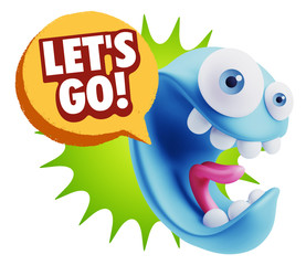 3d Rendering Smile Character Emoticon Expression saying Let'S Go