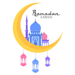 Ramadan kareem greeting. arabic calligraphy with mosque moon and lanterns. isolated islam color flat vector illustration. arabic symbol. ramadan kareem arabic text.