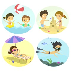 Summer fun at the beach with the kids. Family holidays by the sea. children build a castle on the sand, sunbathing under a parasol, underwater diving child inflatable ball game. childrens illustration