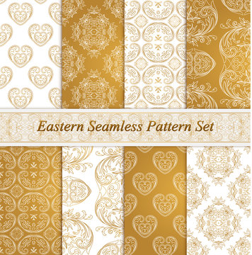 Eastern seamless patterns. Set in gold white colors.