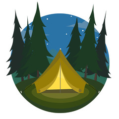 Cartoon yellow tent on a night landscape of trees and mountains icon. sports tourism in nature. Camping. The journey to the mountains and forests. Vector illustration. 