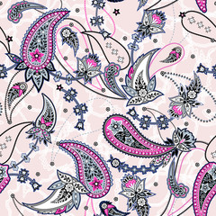 vector seamless gentle romantic floral paisley pattern, fantasy oriental background allover print with flowers, chains, leaves, dots, outlines