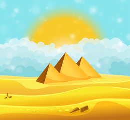 Cartoon Egyptian pyramids in the desert with clear cyan cloudy sky. Vector illustration - obrazy, fototapety, plakaty