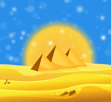Cartoon Egyptian pyramids in the desert with blue shiny sky. Vector illustration