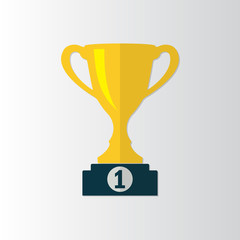 Trophy Cup icon on prize podium. First place award. Champions or winners Infographic element. Vector illustration.