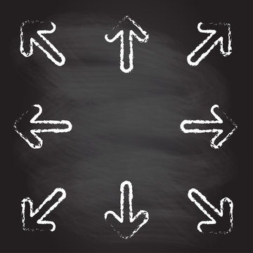 Hand drawn arrow icon set isolated on blackboard texture. Vector illustration.