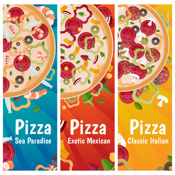 Set of banners for theme pizza with different tastes flat design