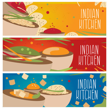 Set of banners for theme indian cuisine with different tastes fl