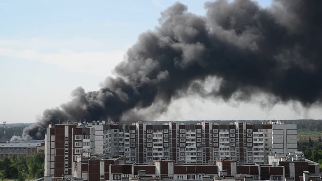 Black smoke from a major fire in Moscow, Russia