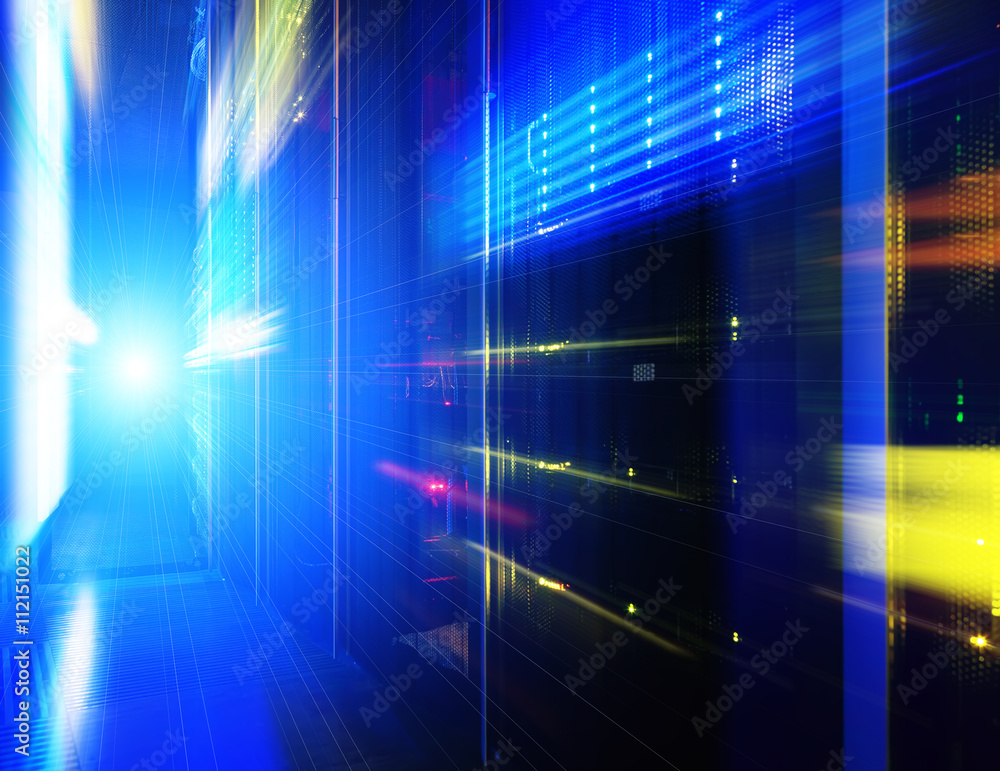 Poster futuristic look of the room with the mainframe in the data center. server room.